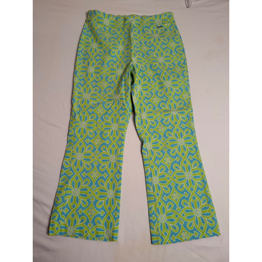 Tahari Womens Green Turquoise Floral Medallion Stretch Wide Leg Pants Size M